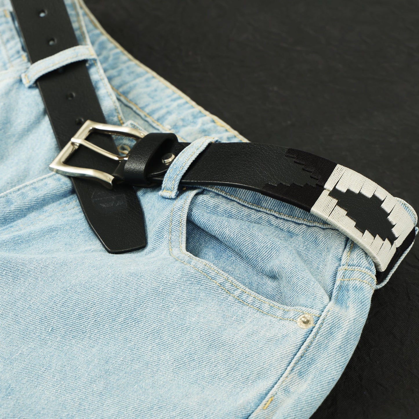 Grey Classic Polo Belt – Hand-Embroidered Premium Full-Grain Black Leather Belt