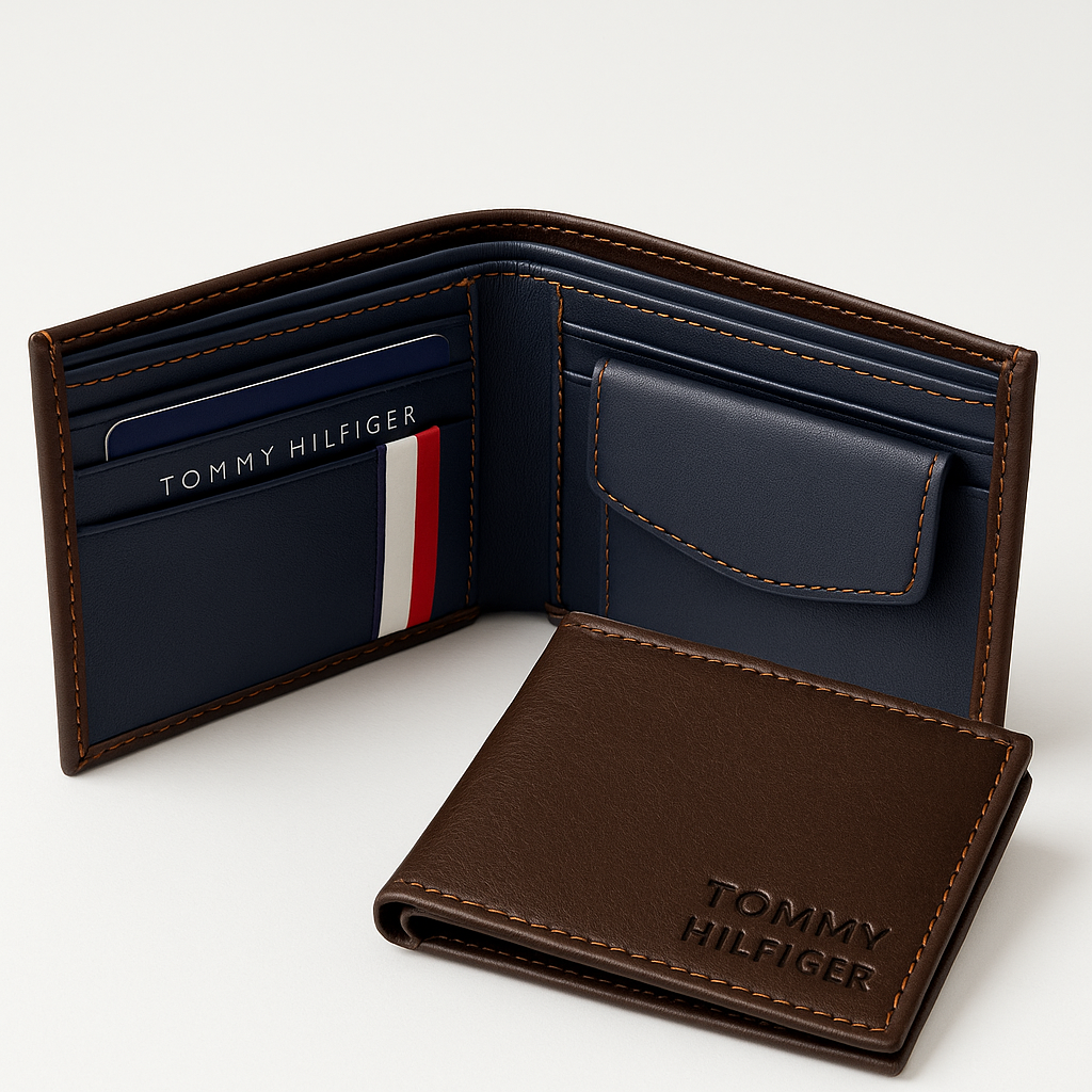 Tommy Hilfiger Premium Leather Wallet – Classic Brown & Navy