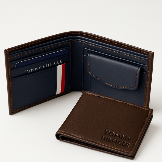 Tommy Hilfiger Premium Leather Wallet – Classic Brown & Navy