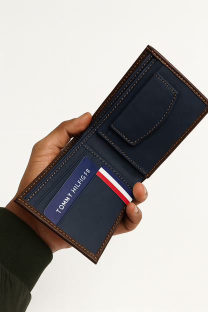 Tommy Hilfiger Premium Leather Wallet – Classic Brown & Navy